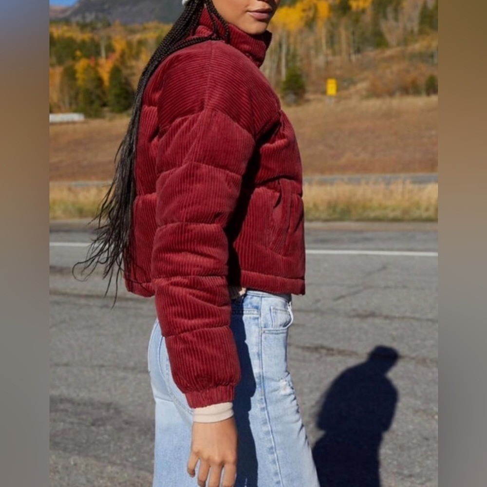 L.A. Hearts Puffer Jacket Womens M/L Burgundy Excellent Corduroy Cropped Zip Up